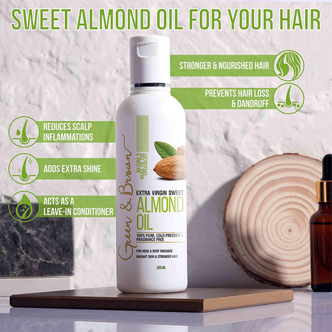 Green & Brown Sweet Almond Oil Cold Pressed and Pure 200 Ml for Hair, Skin & Face